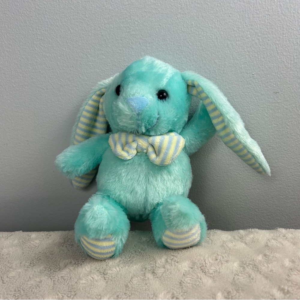 Kellytoy Mint Green Bunny Rabbit Plush Stuffed Animal Yellow Blue Stripe Bow Tie